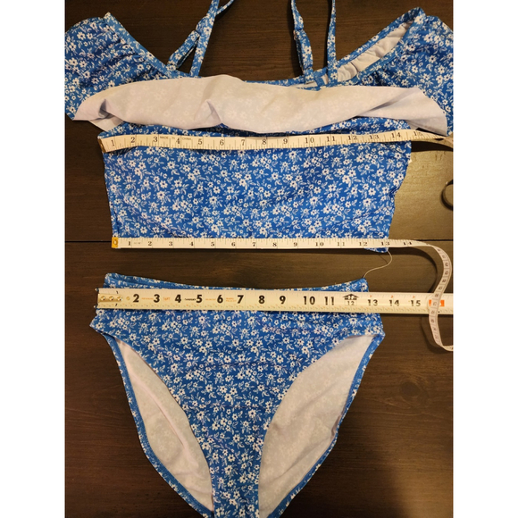 Tahari 2 piece Set Swimsuit Bathing Suit Off Shoulder MEDIUM Blue White Floral - Picture 9 of 16